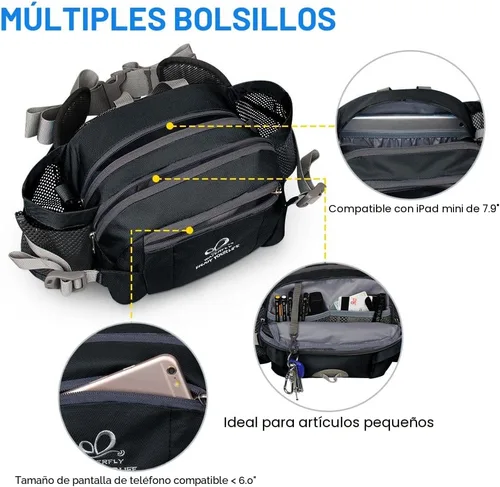 Miniatura 4 de Waterfly - Riñonera Fanny Pack: Bolso Fanny con 2 soportes para botellas de agua, cinturón lumbar, para senderismo, caminatas, correr, trotar