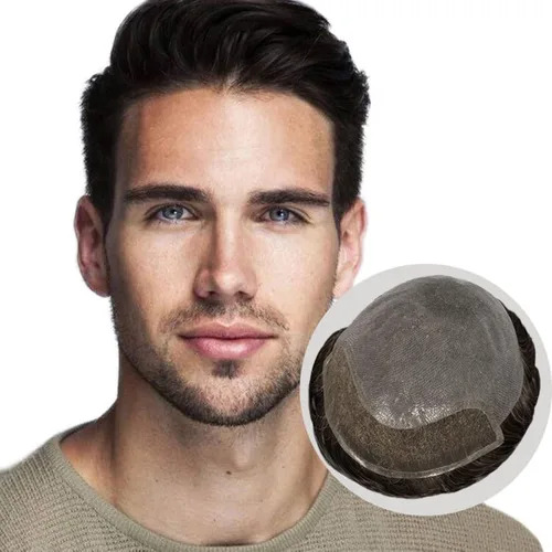 Amiable Pieza de pelo para hombres, piel suave y fina, PU anudada con encaje frontal de 1.5 pulgadas para hombres, sistema de cabello de repuesto #1B