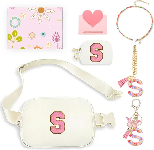 Regalos de moda para niñas adolescentes, cangurera con monograma para niña con llavero, collar, dijes de taza, tarjeta de felicitación y caja de