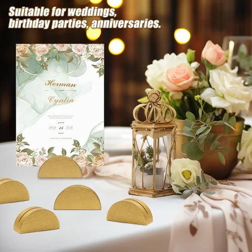Miniatura 7 de 24 soportes dorados para números de mesa, soporte ligero de madera, diseño semicircular para bodas, fiestas, oficina, restaurante (pequeño)