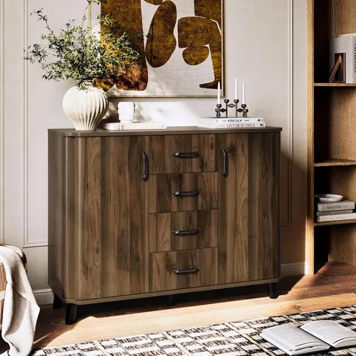 LuxenHome - Armario buffet de 47 pulgadas con almacenamiento, armario de almacenamiento de nogal con puertas y cajones, modernos gabinetes de bar de