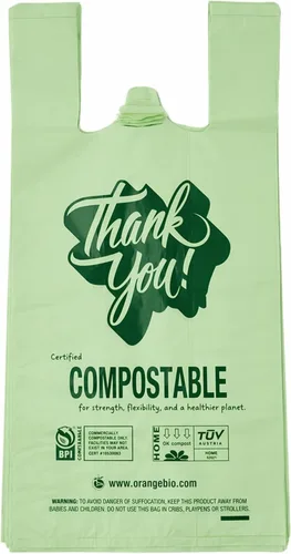 (pequeño) Bolsas de compras compostables para el hogar certificadas por OrangeBio de 500 unidades, capacidad para 12 libras, 8 x 5 x 16.5 pulgadas,