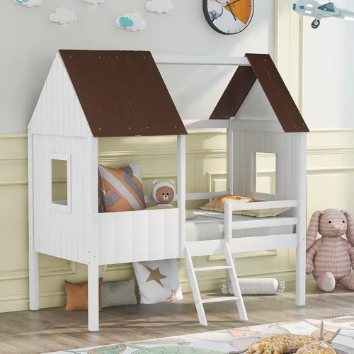 Miniatura 14 de Quarte Fun House - Cama con techo y dos ventanas laterales, cama baja de madera tamaño individual con escaleras pequeñas y barandilla, para niños