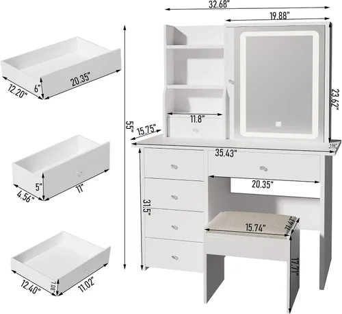 Miniatura 4 de Mesa de tocador ALEAVIC con espejo y luces LED, juego de tocador de maquillaje con toma de corriente y taburete, almacenamiento para joyas, mesa