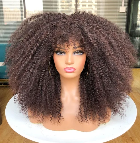Miniatura 13 de Sweece - Peluca afro larga y rizada con flequillo para mujeres negras, peluca de cabello rizado de 17 pulgadas (17 pulgadas, negro)