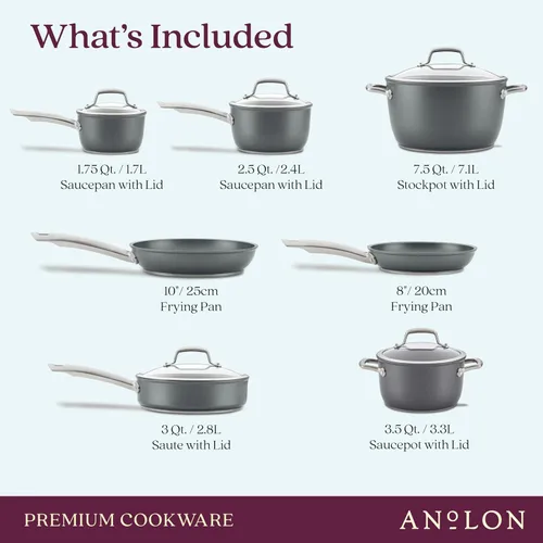 Miniatura 3 de Anolon Accolade - Juego de ollas y sartenes antiadherentes anodizadas forjadas, juego de utensilios de cocina de inducción, 12 piezas, gris piedra