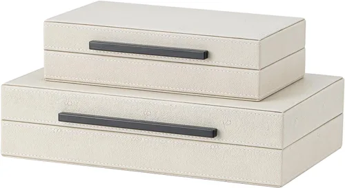 Juego de 2 cajas de almacenamiento decorativas de cuero granulado beige con asas de metal negro – Cajas para joyas y recuerdos de cuero sintético,