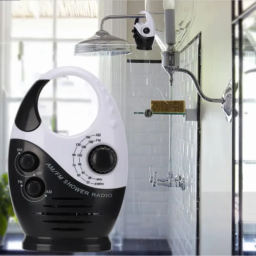 Miniatura 4 de Radio de ducha impermeable, radio AM/FM con altavoces de volumen ajustables, altavoces portátiles alimentados por batería con mango de gancho