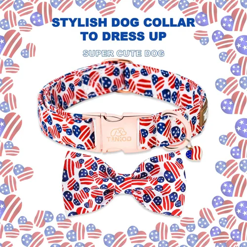 Miniatura 5 de Tunkoo Collar de perro con bandera estadounidense con pajarita con corazón súper lindo, ajustable y elegante collar para mascotas con hebilla