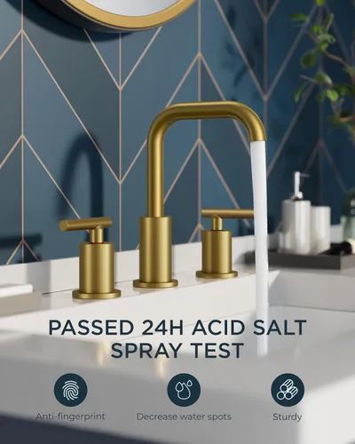 Miniatura 2 de FORIOUS Grifo de lavabo de baño dorado cepillado de 3 agujeros, 2 manijas de 8 pulgadas de separación amplia, grifos de baño, boquilla giratoria