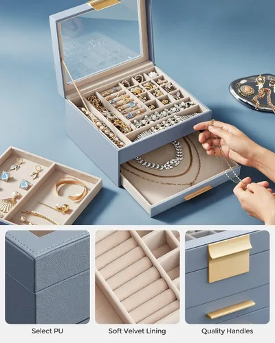 Miniatura 5 de SONGMICS Joyero con tapa de vidrio, organizador de joyas de 3 capas, 2 cajones, para joyas grandes y pequeñas, almacenamiento de joyas