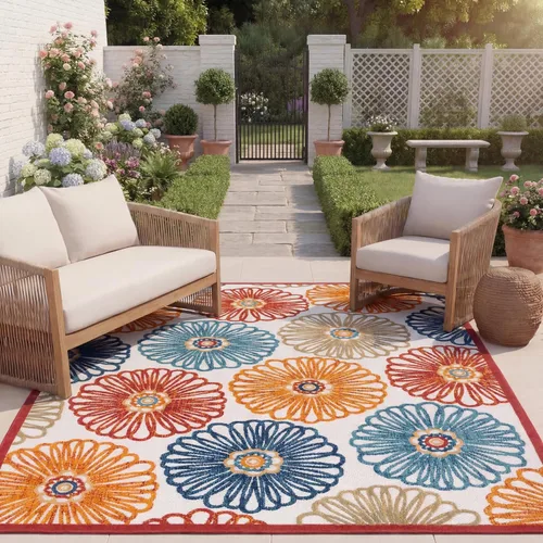 Miniatura 16 de SAFAVIEH Alfombra lavable para exteriores, redonda, 4 pies, color crema y rojo, no desprende pelusa y fácil de limpiar, ideal para patio, patio