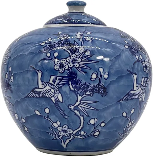 Galt International Tarro Chinoiserie de Grúa Floral Azul y Blanco de 8" con Tapa Tarro de Jengibre Decorativo Centro de Mesa Almacenamiento de Té