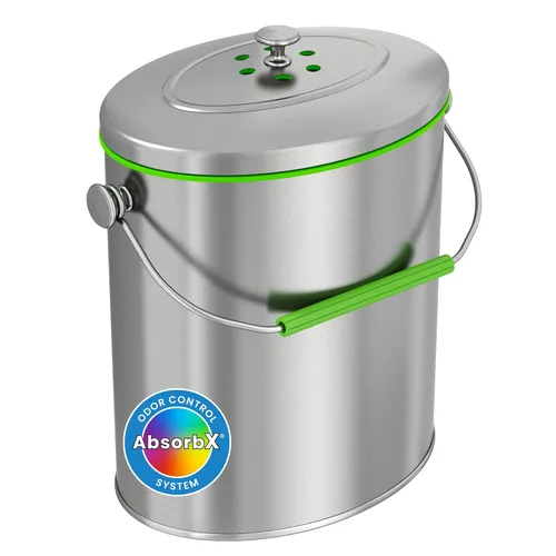 iTouchless Contenedor de compost de acero inoxidable de 1.6 galones, incluye sistema de filtro de olores AbsorbX, titanio, libre de óxido, forma