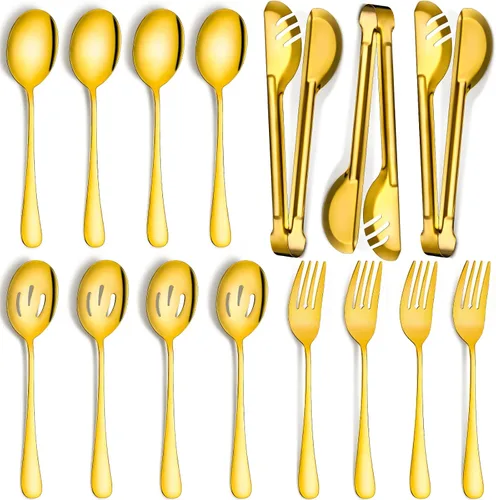 Miniatura 12 de Patelai Juego de 8 utensilios de acero inoxidable negro para servir, cucharas grandes de 8.7 pulgadas y cuchara ranurada, tenedores de 9.45