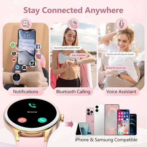 Miniatura 5 de Reloj inteligente para mujer, compatible con iPhone y Android, ritmo cardíaco SPO₂ y seguimiento de la salud de la mujer, más de 100 modos