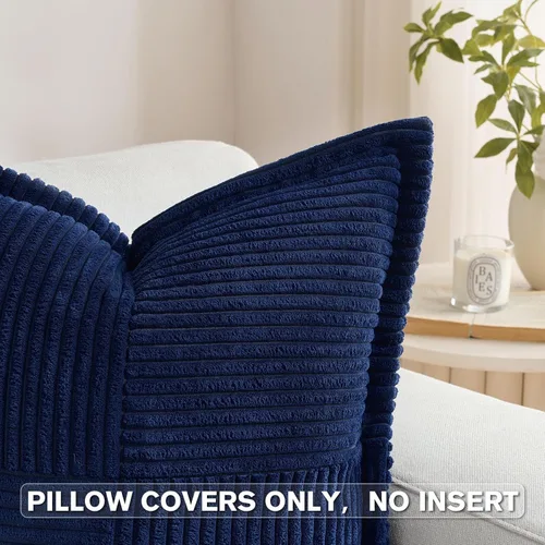 Miniatura 3 de HAUSSY Paquete de 2 fundas de almohada decorativas de pana de 22 x 22 pulgadas, color azul claro, fundas de cojín bohemias y naturales a rayas Azul