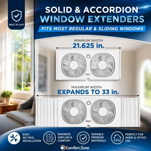 Miniatura 4 de Comfort Zone CZ329WT Ventilador de ventana doble de 9" con ventiladores giratorios de 180°, 2 velocidades, pantalla anti-insectos de plástico