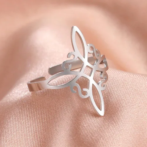 Miniatura 4 de Fuqimanman2020 Conjunto de collar de anillo de nudo de bruja de acero inoxidable ajustable, brujería celta, nudo de amor, anillo abierto, anillo