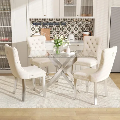 Miniatura 15 de Juego de mesa de comedor de 51 pulgadas de vidrio para 4, mesa de cocina rectangular de vidrio con 4 sillas tapizadas con acentos de terciopelo