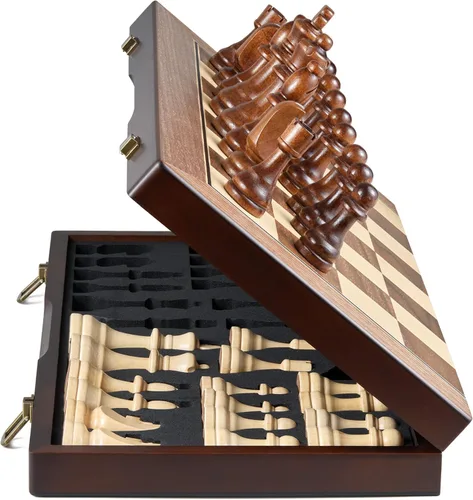 Miniatura 10 de AMEROUS - Juego de ajedrez magnético de madera de 15 pulgadas para adultos y niños - con tablero plegable, paquete de regalo, ranuras