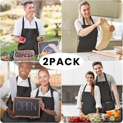 Miniatura 7 de Paquete de 2 delantales ajustables con peto, delantales de chef para cocina, restaurante, con 2 bolsillos, delantales para mujeres y hombres