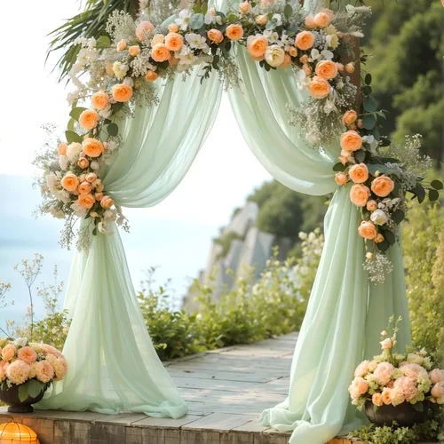 Miniatura 5 de Tela drapeada para arco de boda de 28 x 19 pies, telón de fondo de tela de gasa transparente, 2 paneles de cortinas verde salvia para decoración