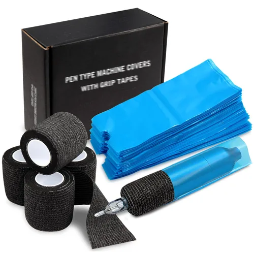Cubiertas para máquinas de bolígrafos y cintas de agarre, 200 piezas de cubiertas para máquinas de tatuaje con 4 fundas de agarre de 7.5 x 2.7