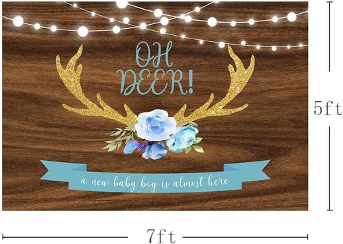 Miniatura 3 de MEHOFOND 7 x 5 pies Oh Deer Baby Shower fondo utilería azul floral madera rústica It's A Boy Baby Shower Gold Buck caza luces con purpurina bosque