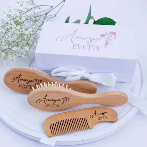 Juego de cepillos personalizados para el pelo del bebé, caja de regalo de cepillo y peine de madera grabada personalizada para bebés, niñas y niños,