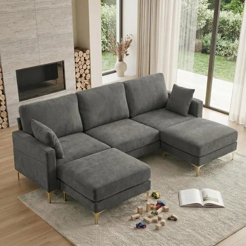 Miniatura 11 de VINGLI Sofá en forma de U de 100 pulgadas de ancho con otomana, asiento de 22 pulgadas de profundidad, cómodos sofás seccionales para sala de estar