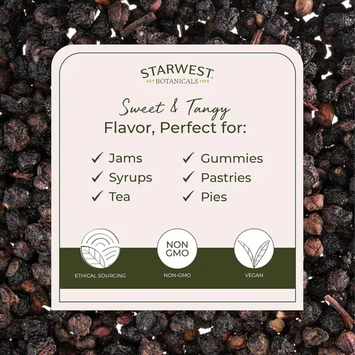 Miniatura 3 de Starwest Botanicals Bayas de Saúco Enteras - Bayas de Saúco Secas para Jarabe, Té, Gomitas y Mermelada, Apoyo Inmunológico, Certificado Kosher