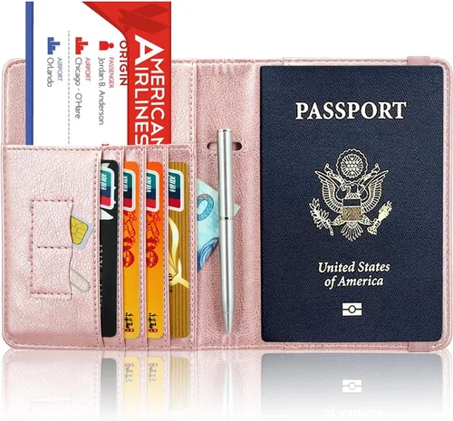 Miniatura 4 de ACdream - Funda para pasaporte, billetera o cartera de viaje de piel con bloqueo RFID para pasaporte con cierre de banda elástica, Ab-oro rosa)