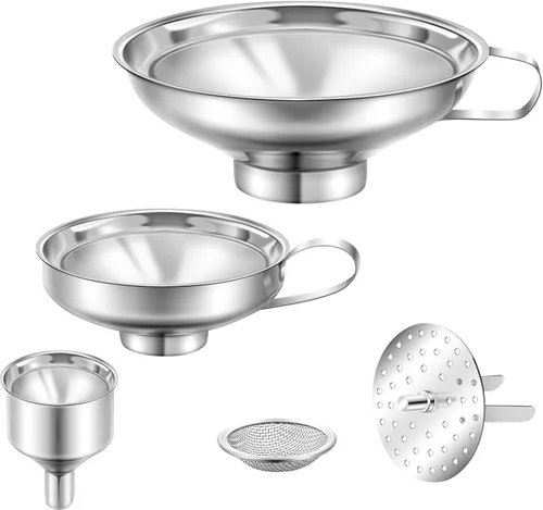 Shappy Juego de 5 embudos de acero inoxidable, embudo para enlatado, colador de malla fina, filtro de malla, compatible con frascos Mason de boca