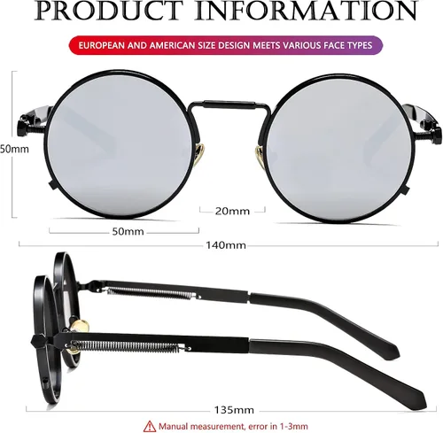 Miniatura 7 de AIEYEZO Gafas de sol redondas Steampunk con montura de metal gótico, 100% bloqueo UV