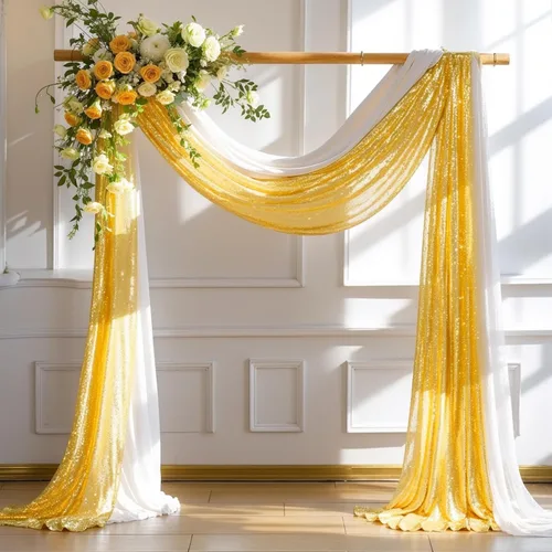 Tela para Cubrir Arco de Boda, 1 Panel de 28" x 19 pies de Tela de Gasa Blanca y 1 Panel de 16" x 19 pies de Tela de Gasa con Lentejuelas Dorada,