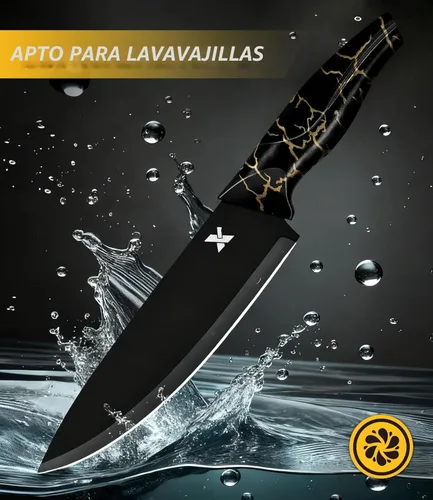Miniatura 5 de Juego de cuchillos de cocina de 8 piezas, acero inoxidable alemán de alto carbono, cubiertos aptos para lavavajillas con afilador, color negro