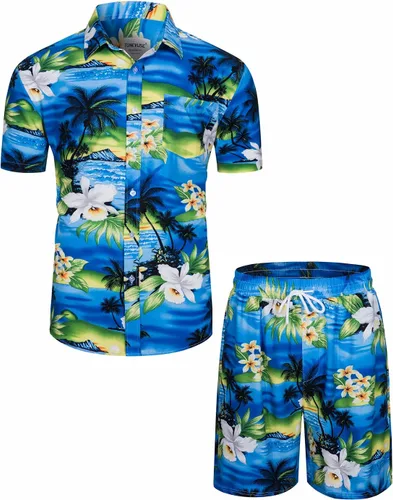 TUNEVUSE Camisa hawaiana de manga corta para hombre, trajes con estampado de flores, conjuntos tropicales de 2 piezas, camisas y pantalones cortos