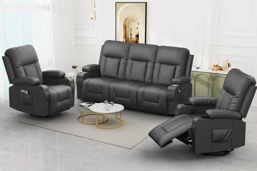 Miniatura 25 de FURNIMAT Sofá reclinable, sofá reclinable doble de 3 asientos, sofá biplaza de piel sintética, moderna silla reclinable para sala de estar, con Negro