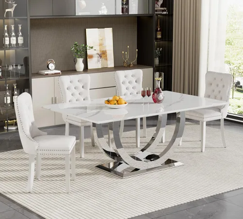 Miniatura 76 de Juego de mesa de comedor de 5 piezas para 4, mesa de cocina de mármol negro de 68 pulgadas con 4 sillas beige, mesa de comedor rectangular moderna