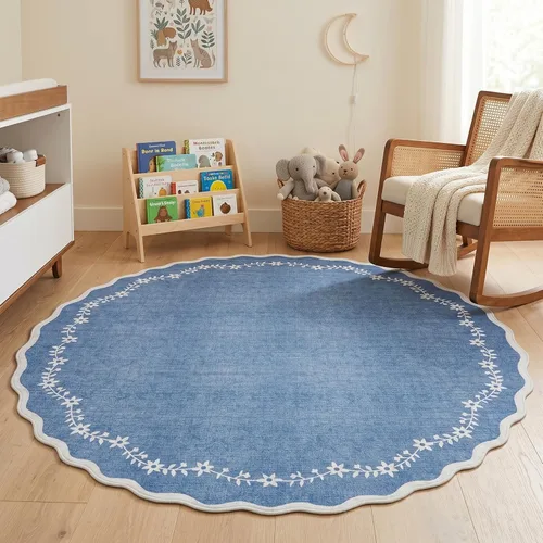 Miniatura 45 de GarveeHome Alfombra de entrada festoneada, 2 x 3, color azul sólido, lavable, alfombra floral para entrada interior, alfombra floral antideslizante