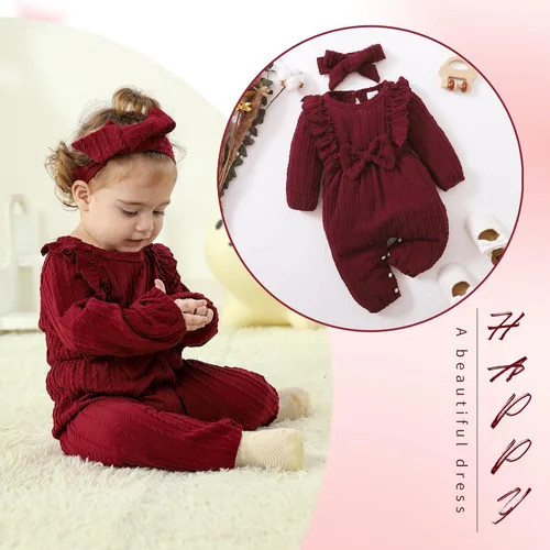 Miniatura 2 de Happy Town Mameluco para bebé niña para otoño e invierno, suéter de manga larga con volantes y diadema
