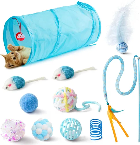 Miniatura 11 de MALLMALL6 Juego de juguetes interactivos para gatos, paquete de 27 piezas, paquete de 27 piezas, plumas rosadas, varita, resortes, ratones, sisal