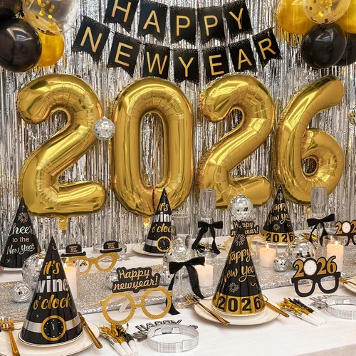 Suministros para fiesta de Año Nuevo 2026 – Kit de decoración de Feliz Año Nuevo – Juego de 50 unidades incluye pancarta, sombreros, cinta, gafas,