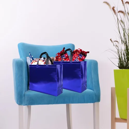 Miniatura 5 de cabzymx 15 bolsas de regalo reutilizables de color azul brillante con asas, bolsas de regalo de fiesta a granel con bases resistentes, bolsa