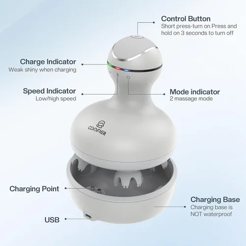 Miniatura 8 de COMFIER Masajeador eléctrico de cabeza de cuero cabelludo con 4 cabezales de masaje de silicona suave, masajeador portátil para el crecimiento