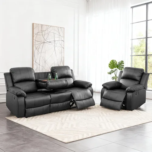 Miniatura 32 de Juego de sofá modular reclinable manual para sala de estar, sofá reclinable en forma de L, seccional de cuero con portavasos/almacenamiento