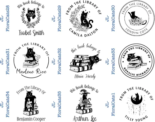 Miniatura 4 de The Library of Custom Book Stamp - Estampado personalizado con diseño de gatos florales (1 5/8 pulgadas x 1 5/8 pulgadas)