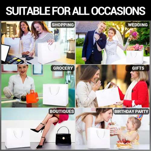 Miniatura 5 de EUSOAR Bolsas de papel blanco para regalo a granel, paquete de 25 bolsas de 10.6 x 3.1 x 8.3 pulgadas, tamaño mediano, resistentes con asas