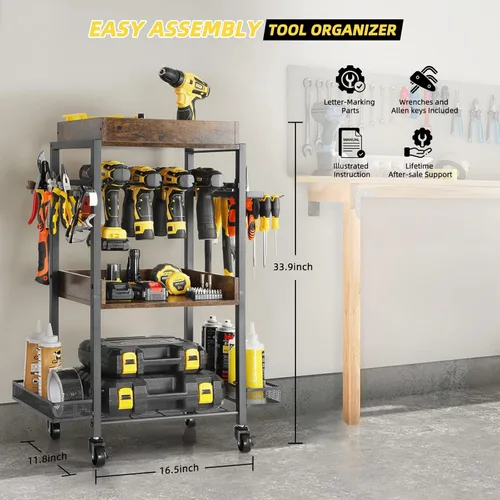 Miniatura 8 de Olakee Organizador de herramientas eléctricas, organizador de almacenamiento de garaje, estante de herramientas, estante de taladro, carrito